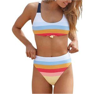 NEW! Women's MEDIUM High Waisted 2-Piece Swimsuit Tie-Knot Crop Top Bikini